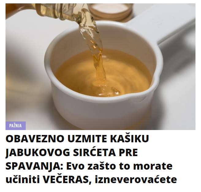 OBAVEZNO UZMITE KAŠIKU JABUKOVOG SIRĆETA PRE SPAVANJA: Evo zašto to morate učiniti VEČERAS, izneverovaćete