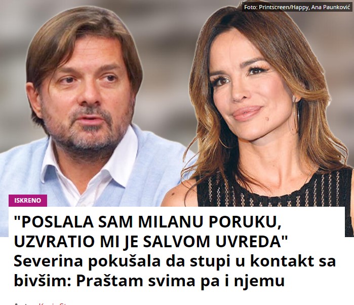 “POSLALA SAM MILANU PORUKU, UZVRATIO MI JE SALVOM UVREDA” Severina pokušala da stupi u kontakt sa bivšim: Praštam svima pa i njemu