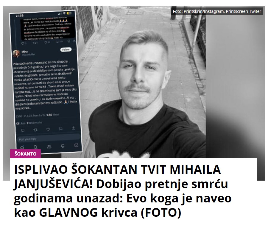 ISPLIVAO ŠOKANTAN TVIT MIHAILA JANJUŠEVIĆA! Dobijao pretnje smrću godinama unazad: Evo koga je naveo kao GLAVNOG krivca (FOTO)