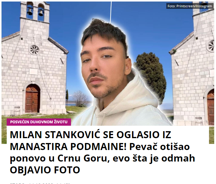 MILAN STANKOVIĆ SE OGLASIO IZ MANASTIRA PODMAINE! Pevač otišao ponovo u Crnu Goru, evo šta je odmah OBJAVIO FOTO