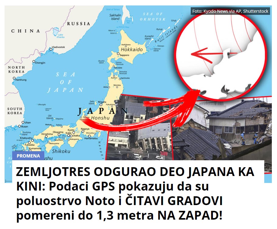 ZEMLJOTRES ODGURAO DEO JAPANA KA KINI: Podaci GPS pokazuju da su poluostrvo Noto i ČITAVI GRADOVI pomereni do 1,3 metra NA ZAPAD!