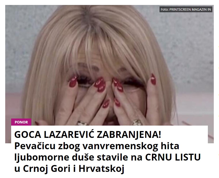 GOCA LAZAREVIĆ ZABRANJENA! Pevačicu zbog vanvremenskog hita ljubomorne duše stavile na CRNU LISTU u Crnoj Gori i Hrvatskoj