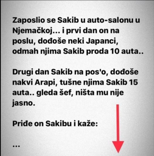 Zaposlio se Sakib u auto-salonu u Njemačkoj… i prvi dan on na poslu, dodjose neki Japanci, odma njima Sakib proda 10 auta..