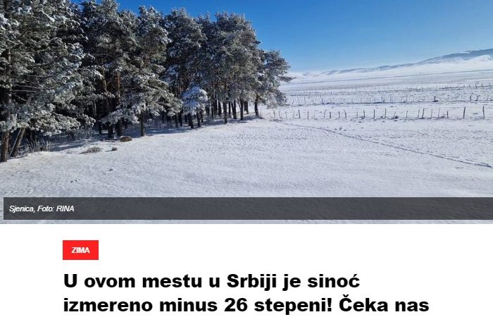 U ovom mestu u Srbiji je sinoć izmereno minus 26 stepeni!