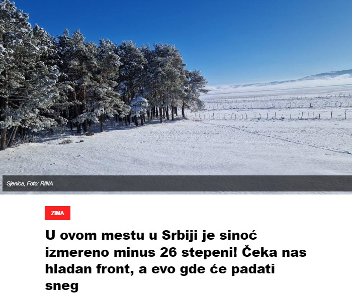 U ovom mestu u Srbiji je sinoć izmereno minus 26 stepeni!