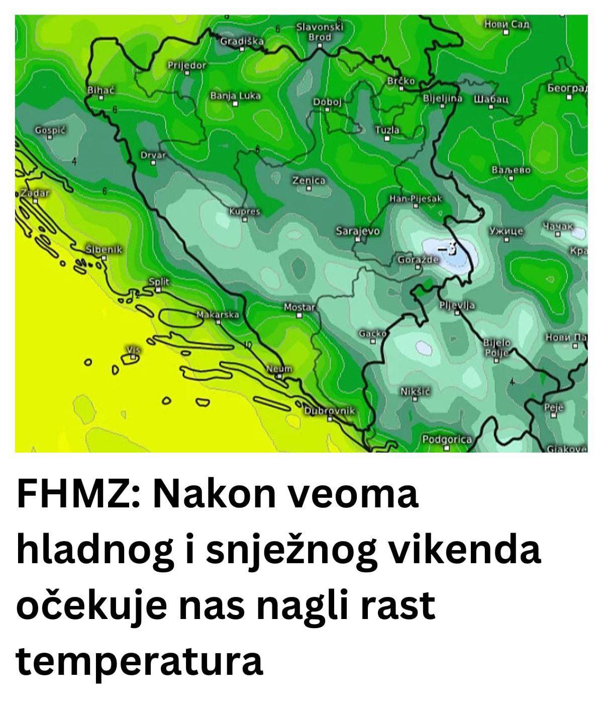 Nakon veoma hladnog i snježnog vikenda očekuje nas nagli rast temperatura